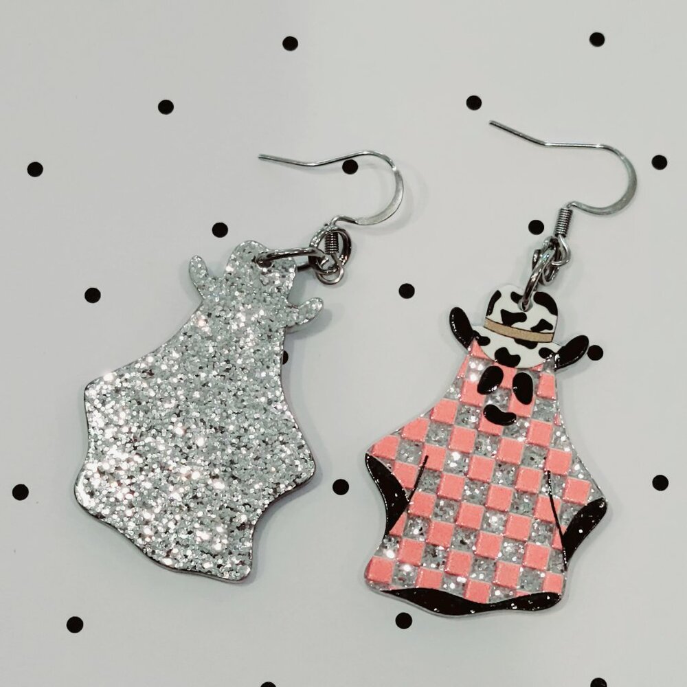 Pink Checkered Cowboy Ghost Earrings Stainless Steel Hooks Western Halloween NEW - Picture 6 of 7